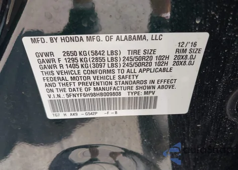 2017 Honda Pilot Touring z USA, uszkodzony, nr VIN 5FNYF6H98HB009808